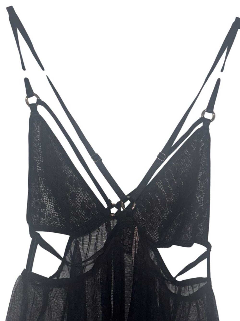 Victorias Secret Black Sheer Mesh Lace Lingerie Babydoll Dress With Strappy Deta - Picture 8 of 11